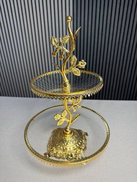 Фруктовниця 2-ярусна скляна з золотом, кругла 506-21 фото